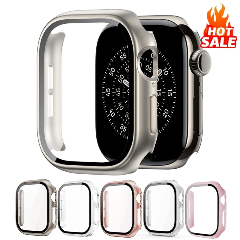 Vidrio templado + funda para Apple Watch 38-40mm 41mm 42mm 44mm 45mm 46mm Protector de pantalla cubierta protectora iWatch 11 10 8 7 9 6 SE 5