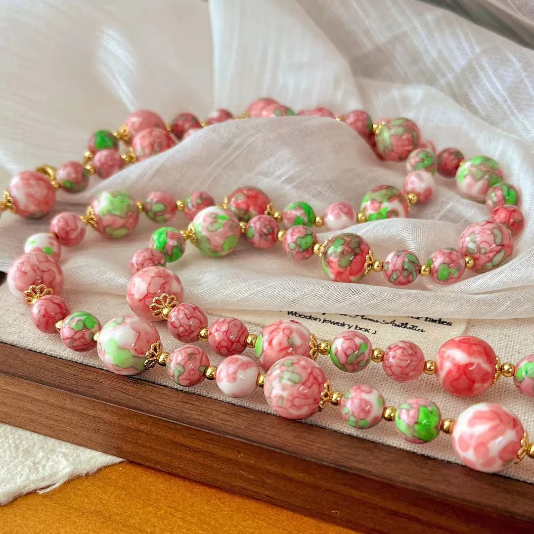 

New retro national style ceramic ultra-high quality peach blossom stone necklace atmosphere clavicle chain