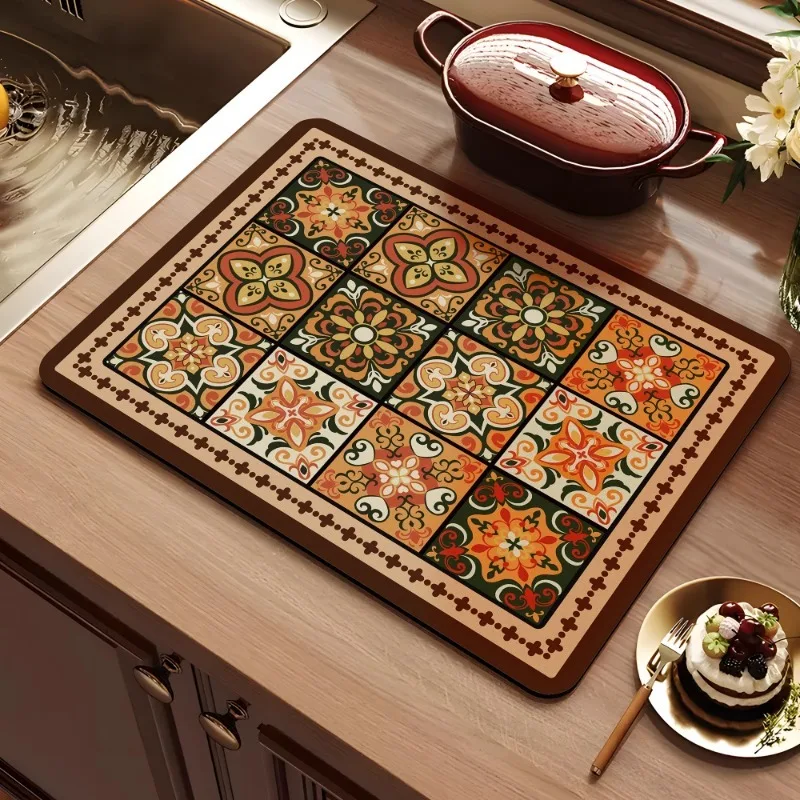 Retro Floral Tile Drainage Pad Quick Dry Tableware Mat Anti Scratch Counter Mat For Kitchen Sink & Washing Machine Top Decor