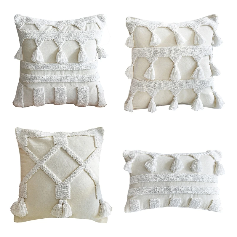 

Morocan Textured Boho Throw Pillow for Case Woven Tufted White Tassel Cushion Co