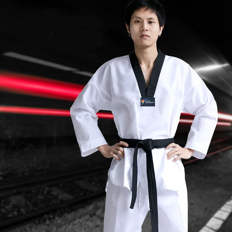 

Корейская униформа для тхэквондо с v-образным вырезом добок, белая униформа Tae Kwon Do MMA, боевые искусства, каратэ, белый цвет, дышащая