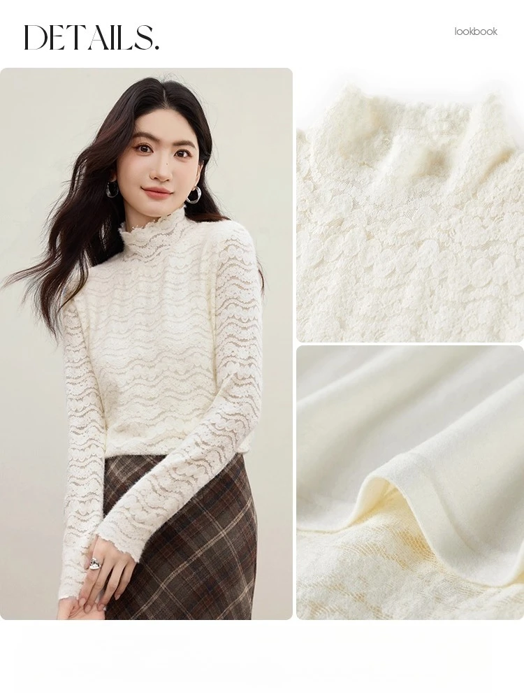 SENTUBILA Damska bluzka z długim rękawem 2025 Jesień Koronkowa bluzka z golfem Jednolita ażurowa dopasowana odzież damska Elegancka bluzka 153SA3129