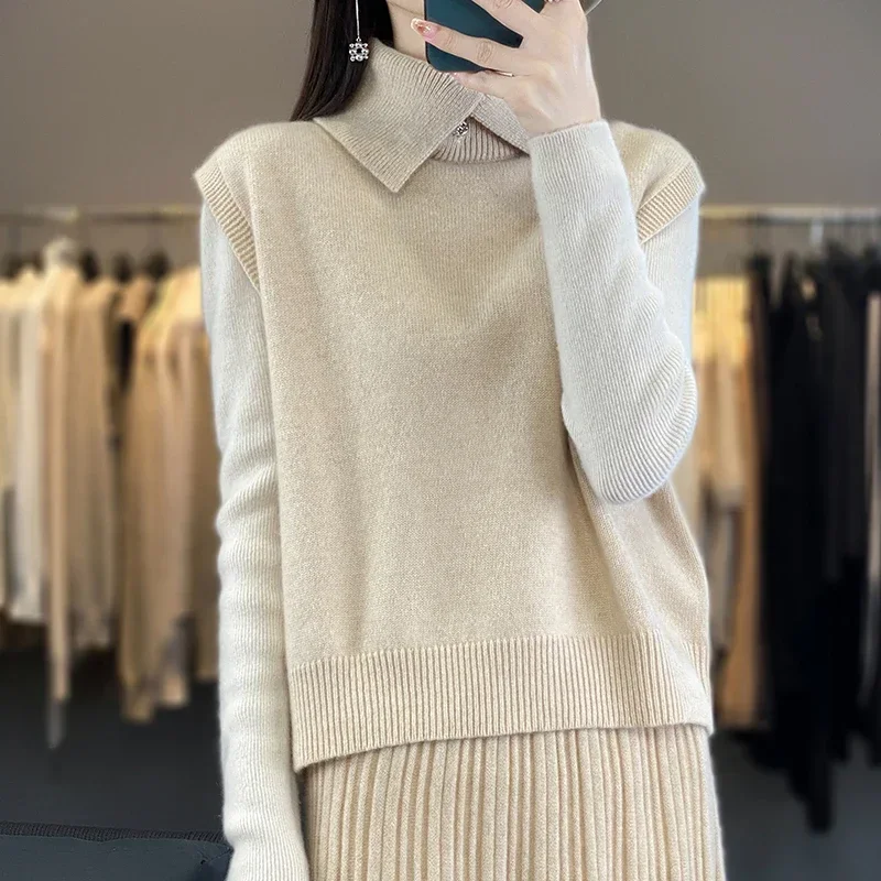 

Tailor Sheep Turtleneck Women's Pure Wool Vest Solid Color Knitted Women's Sleeveless Head Fashion Short Sweater New Hot Sale