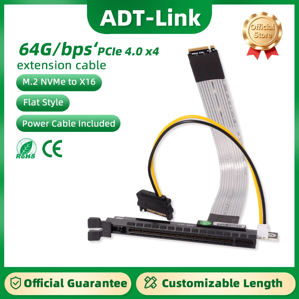 ADT-Link PCIe 4.0 X4 M.2 NGFF NVMe To PCIe x16 Graphics Card GPU Extension Cable 90-Degree Right Angle for STX Motherboards