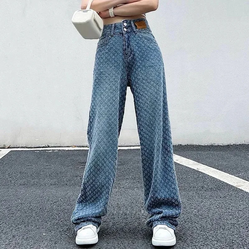 

2023 Vintage Texture Y2k Baggy Jeans Women American Style Streetwear Casual Fashion Trouser High Waist Wide Leg Women's Pants