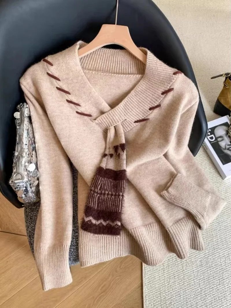 Women's Scarf Sweater Autumn Winter Fashion Long Sleeve Knit Pullover, Built-in Scarf Top as Outerwear or Innerwear, Warm Jumper