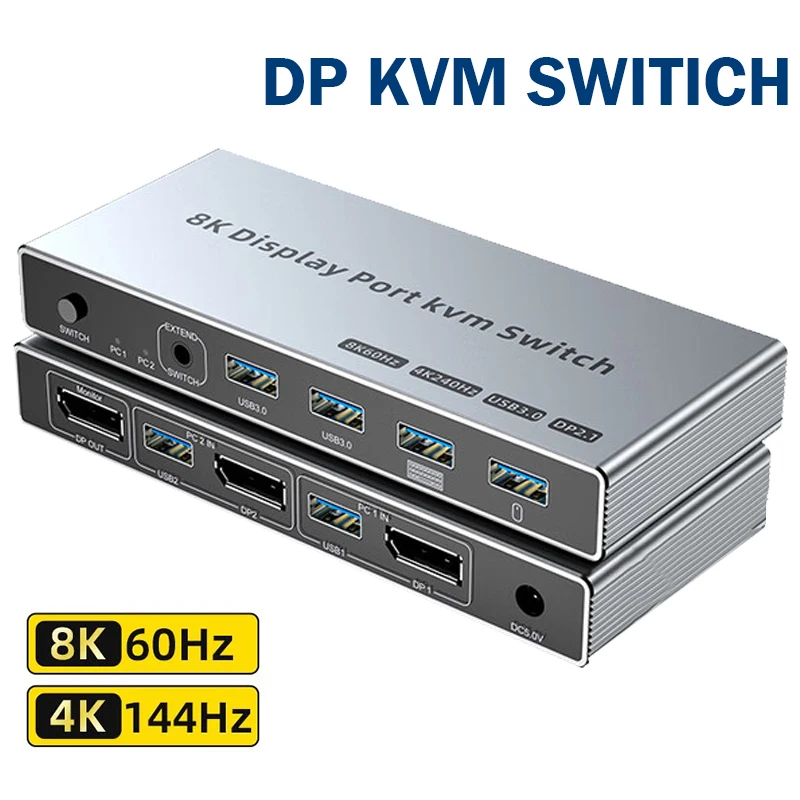 

KVM-переключатель Displayport 2 в 1 выход 8K при 60 Гц 4K при 144 Гц DP1.4 KVM-переключатель USB3.0 с 4 портами USB для 2 ПК, доступ к монитору, клавиатуре, мыши
