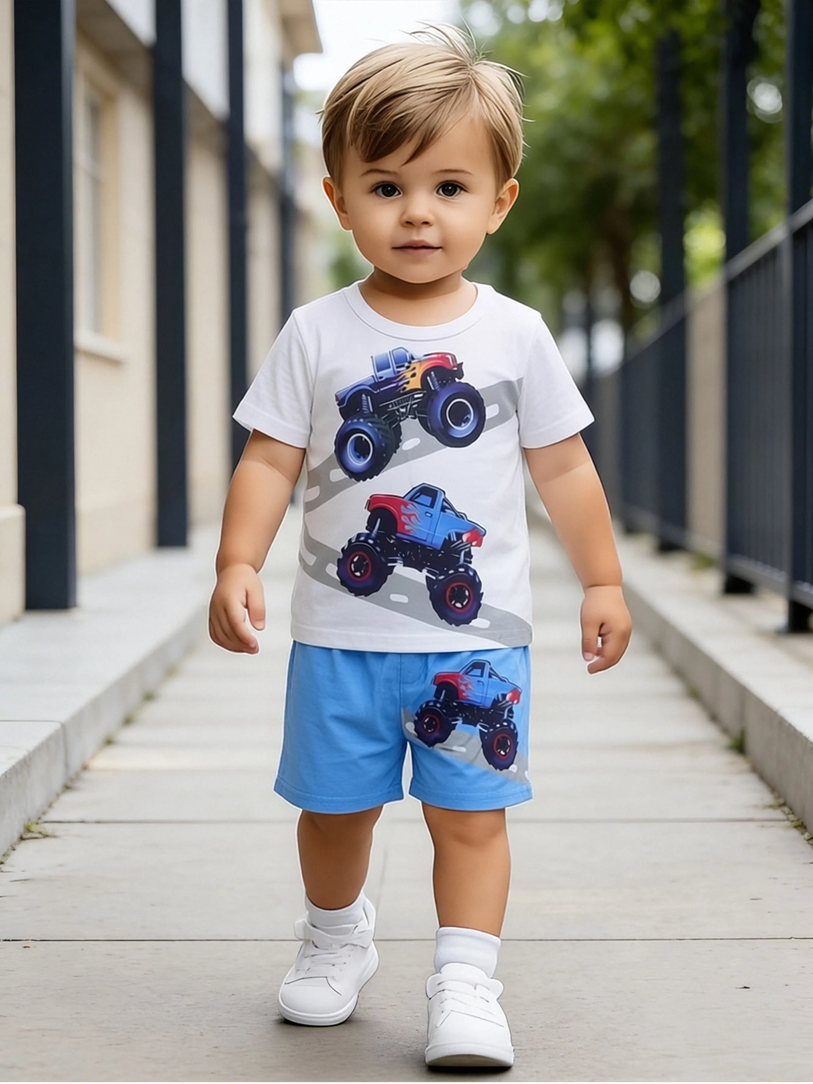 

Daily Casual Set Boys Cartoon Print Short Sleeve Blue Color Block Loose Shorts