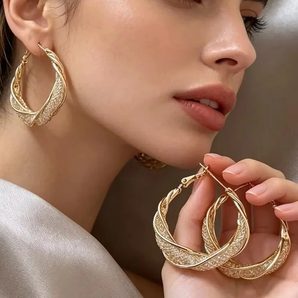 Women Vintage Gold Mobius Twisted Hoop Earrings, Hollow Mesh Rhinestone Shiny Elegant Earrings, Daily Party Jewelry Gift