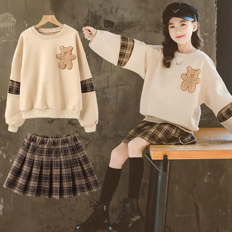 2024 autumn winter Girls set Clothes teenager bear hooded sweatshirts t-shirt + plaid JK pleated skirt 5 6 7 8 9 10 11 12 year