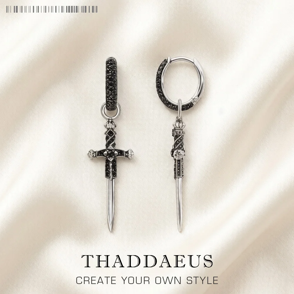 Pendientes de aro con bisagras y cruz de espada negra, joyería fina para mujeres y hombres, regalo Vintage en Plata de Ley 925 auténtica