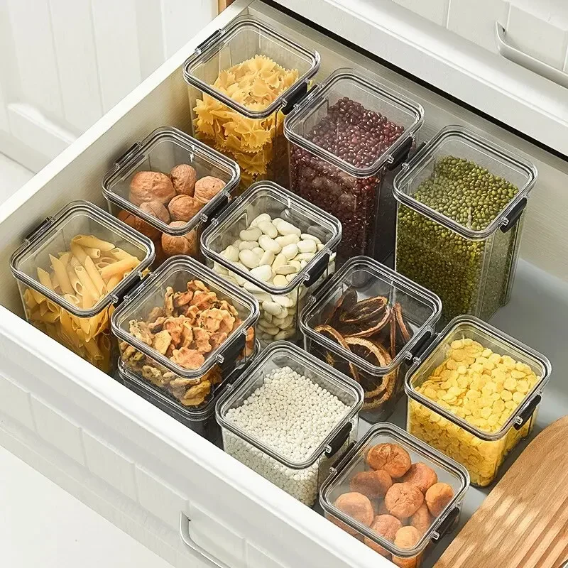 Caja de almacenamiento sellada de aperitivos multigrano para cocina, tarro de productos secos, cajón de almacenamiento, contenedor de plástico a