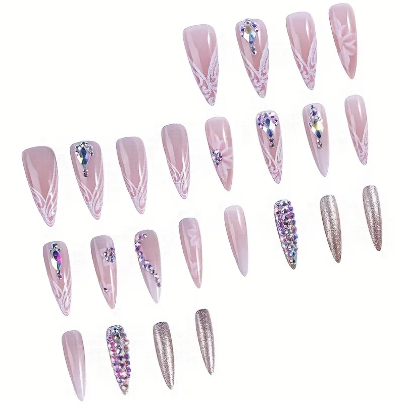 24 pièces printemps/été brillant longues amande strass ongles à pression, faux ongles mi-longs avec diverses combinaisons de strass