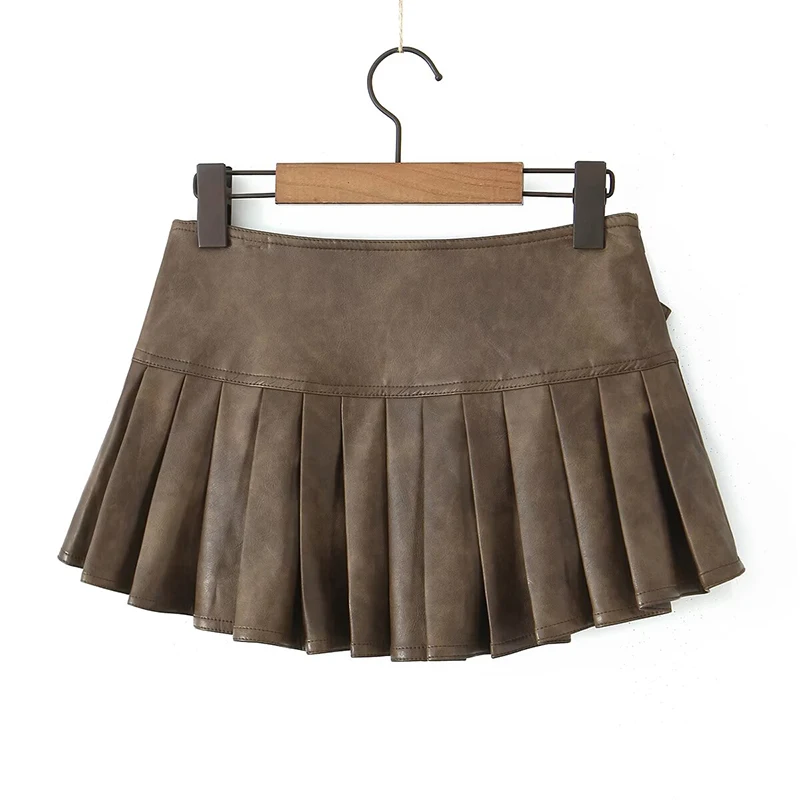 Cool Girl PU Pleated Mini Skirt Women Vintage Buckle Belt Low Waist Faux Leather Skirts With Shorts Lining