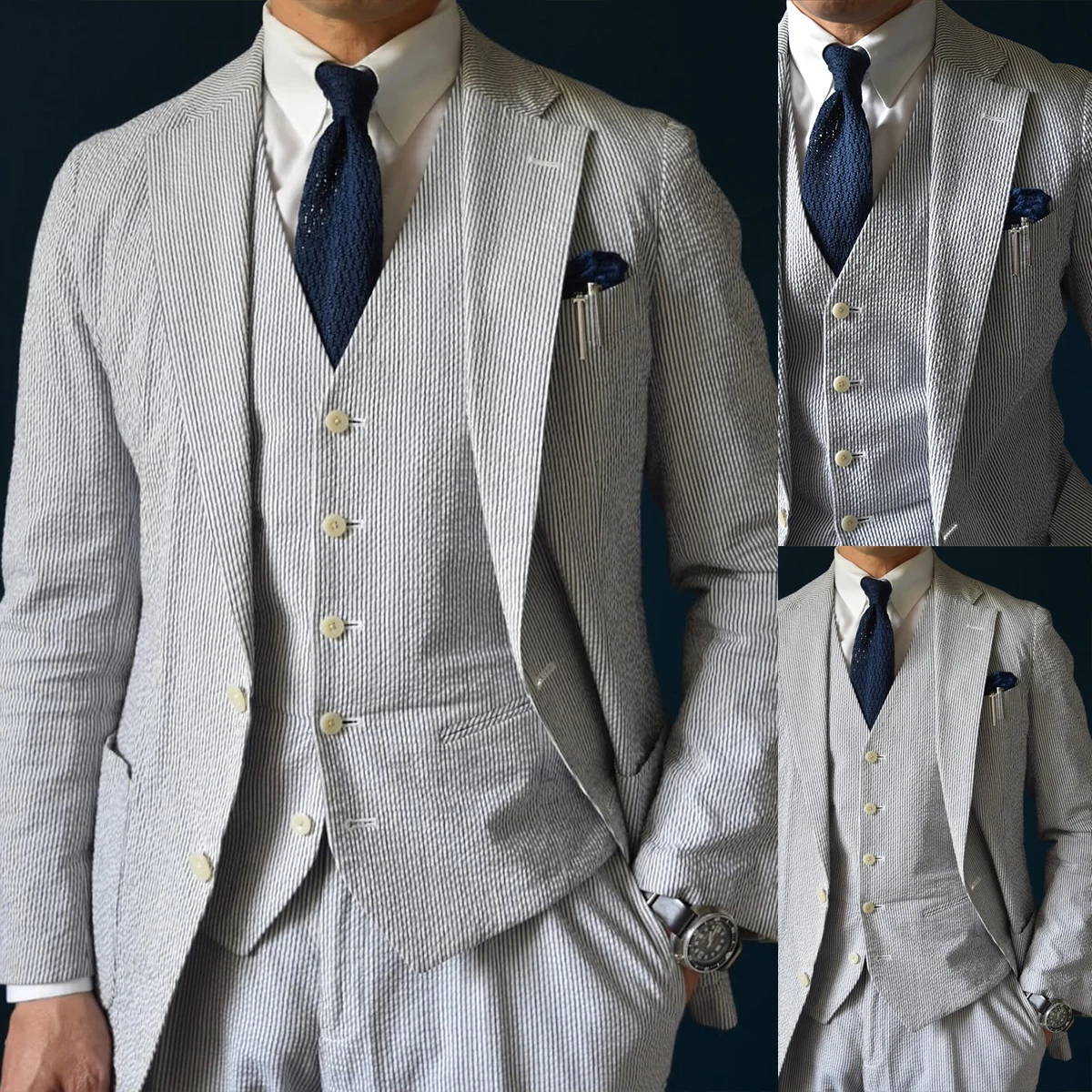 Seersucker Pinstripe Men Suits 3-Piece Slim Fit Tuxedo Jacket Vest Pants Groom Wedding Groom Business Prom Formal Customized