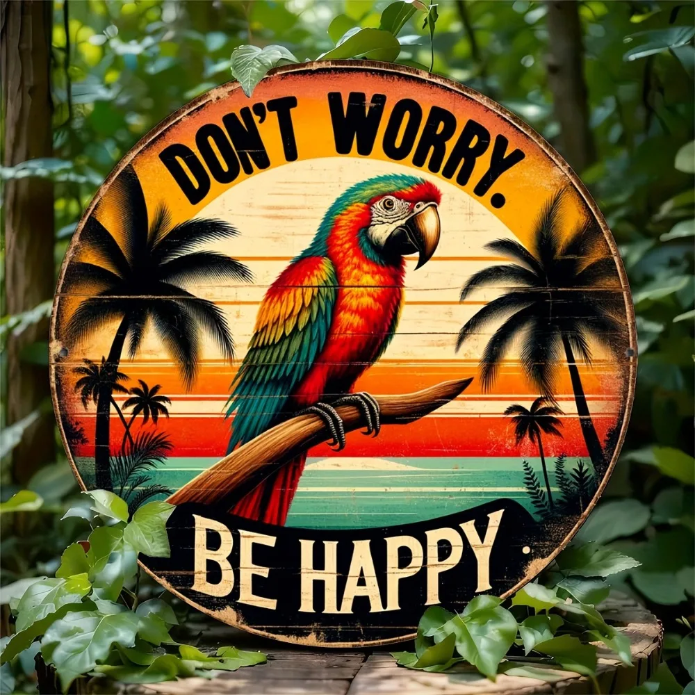 Tropical Parrot Beach Metal Sign 20cm Round – Sunny Island Wall Decor for Patio, Bar, Balcony, Garden or Summer Party