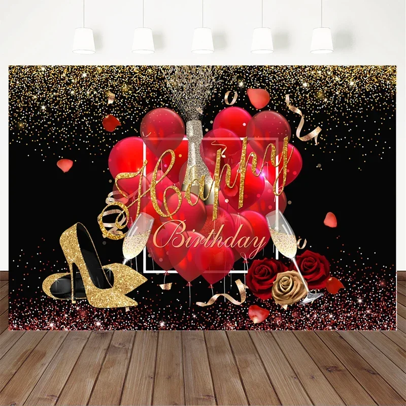 Mocsicka 誕生日パーティーの装飾ゴールデンハイヒール背景赤い風船ローズ写真撮影大人女性写真背景小道具
