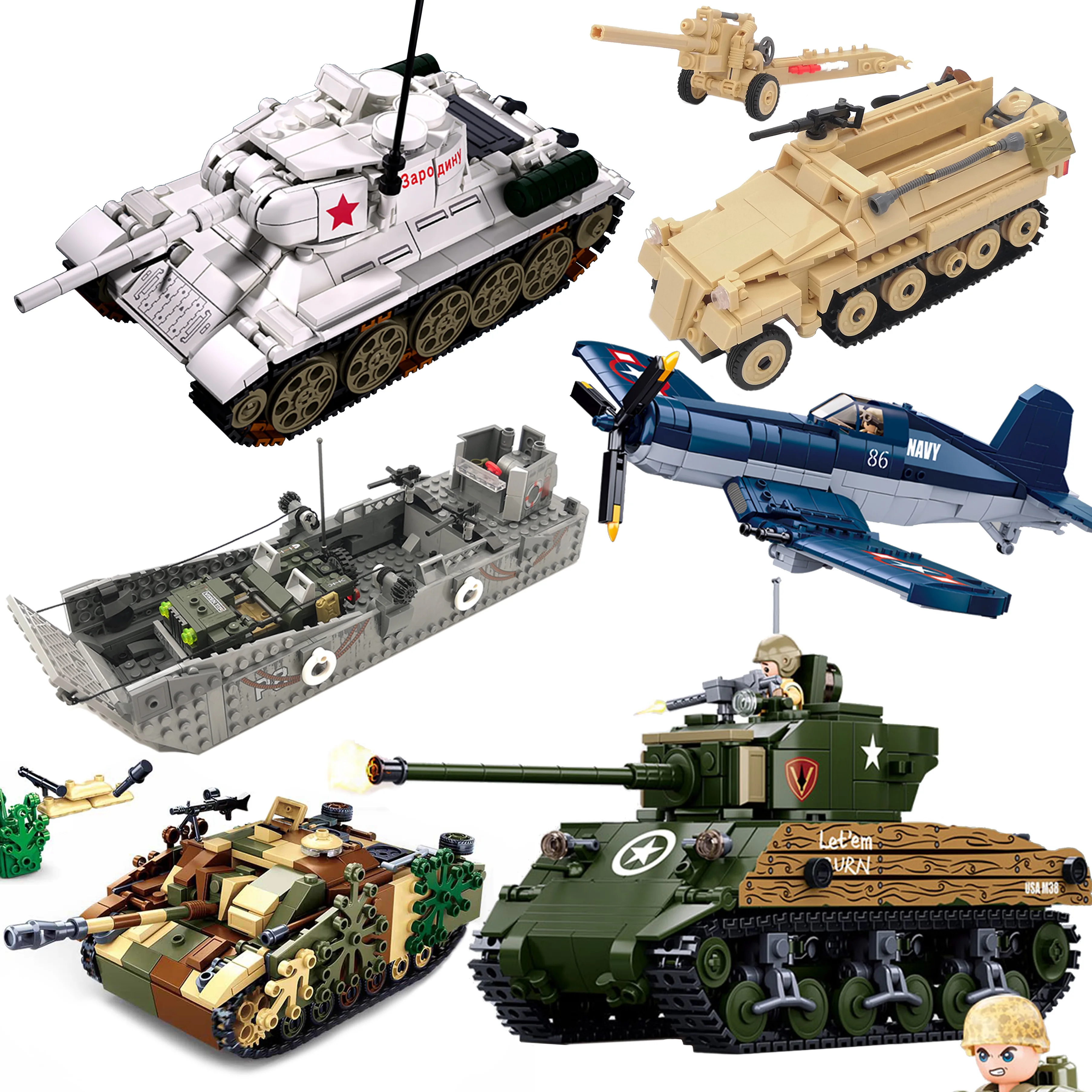 Military Tank T34 Sherman Panzer IV Fighter Sluban Figure WW2 War Army Weapon Model Building Block Brick Children Kids Gift Toys