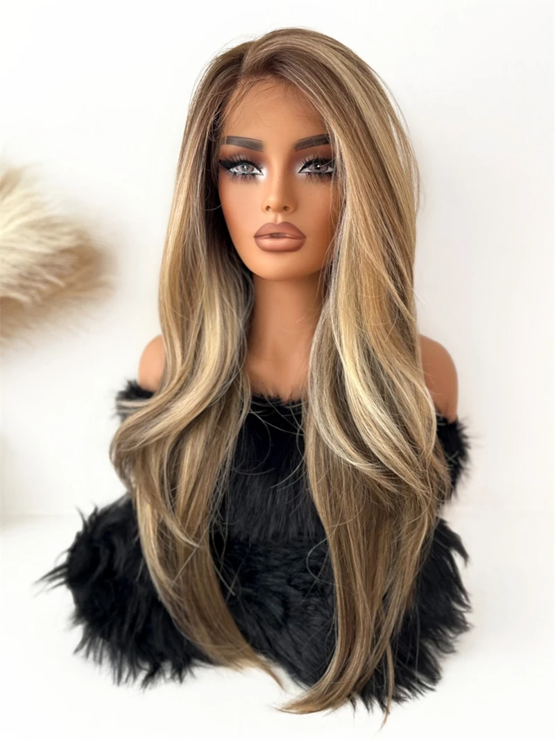 Bruin gemengd blond synthetische kant pruik pruik realistisch natuurlijk ogende natuurlijke voorgeplukte haarlijn met babyhaar voor vrouwen