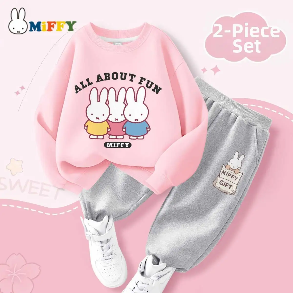 Miffy Kawai Set Pantaloni con cappuccio per bambini Cartoon Simpatico set in due pezzi Primavera e autunno Comodo abito caldo alla moda