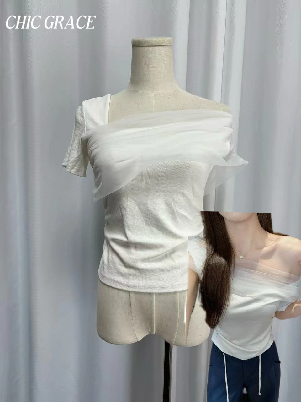 

Сексуальный повседневный белый эластичный прозрачный сетчатый топ на одно плечо | Женская приталенная блузка с открытыми плечами на лето