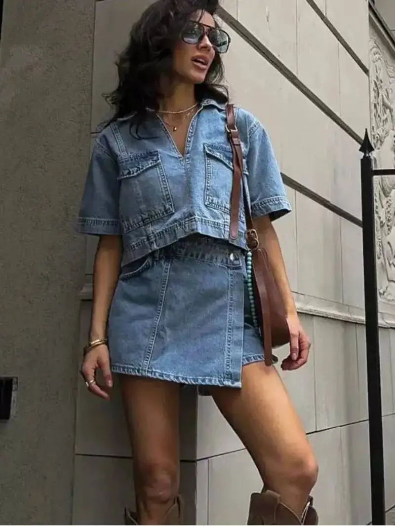 

Women's Fashion Flip Pocket Decoration Short Flip Collar Slim fit denim Top + Asymmetric Denim Skirt 2 Piece Set