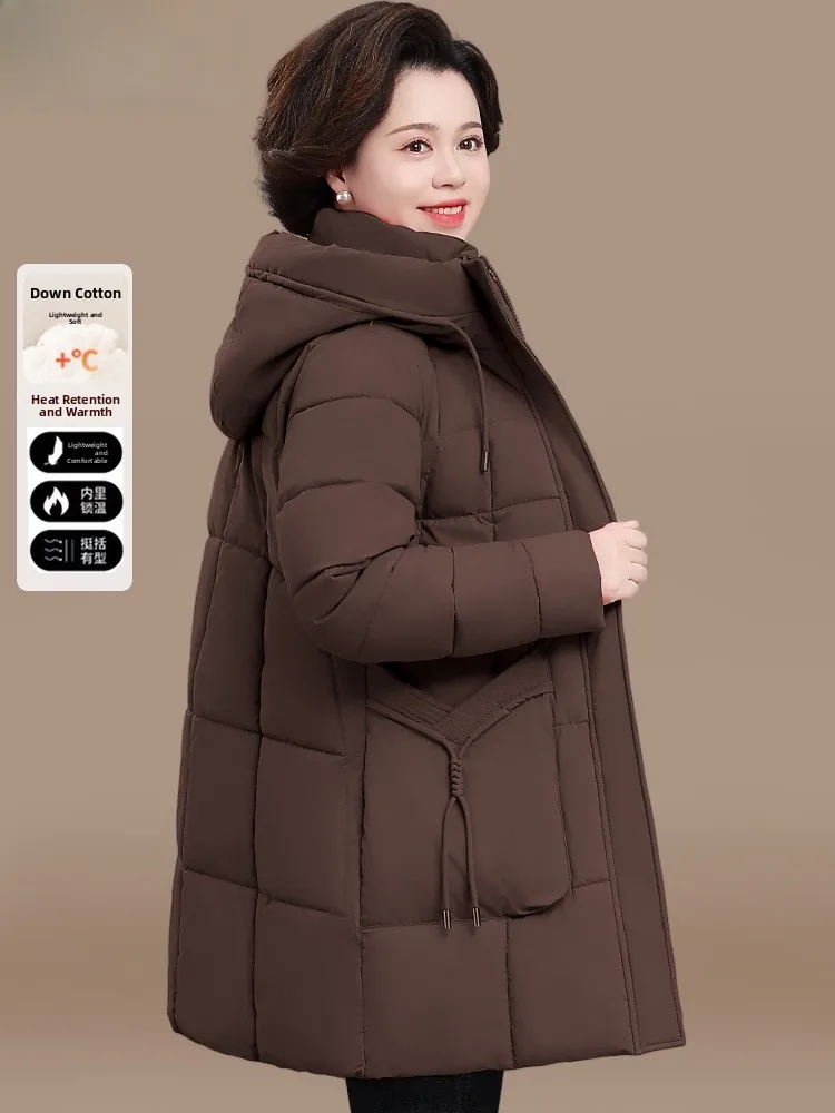 

Warmth Du down Cotton Jaet for Middle-Aged Mothers Winter Outerwear Long Sle Women's Faion Loose Fit Polyester Blend