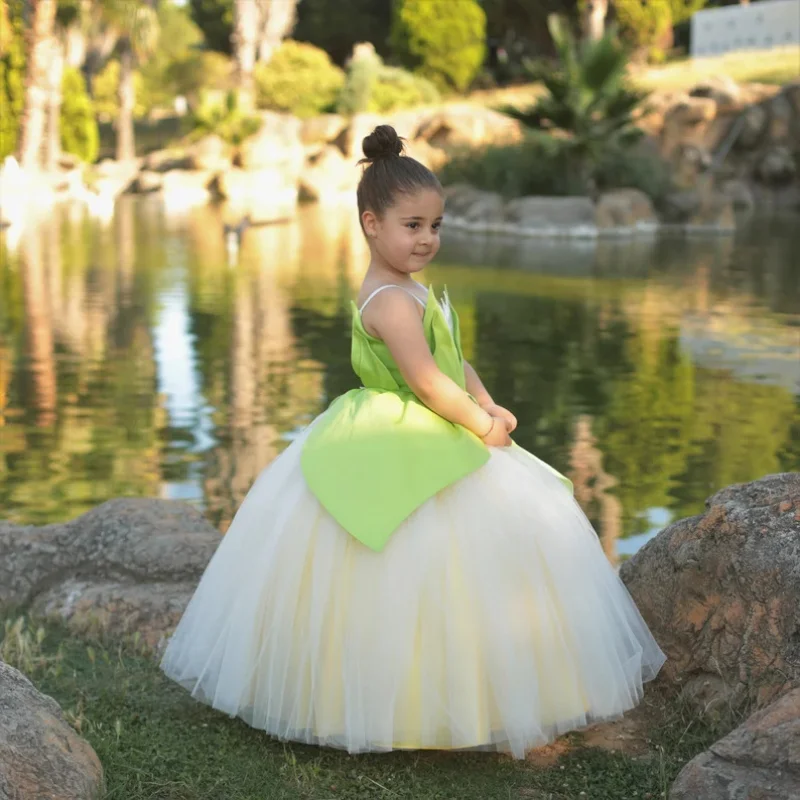 Costume de Cosplay Tiana pour Fille, Robe de Princesse, Tenue de ixd\'Halloween, Couleur Verte, Forme de Fleur, Barrage, Forêt, Elfe Dégradé