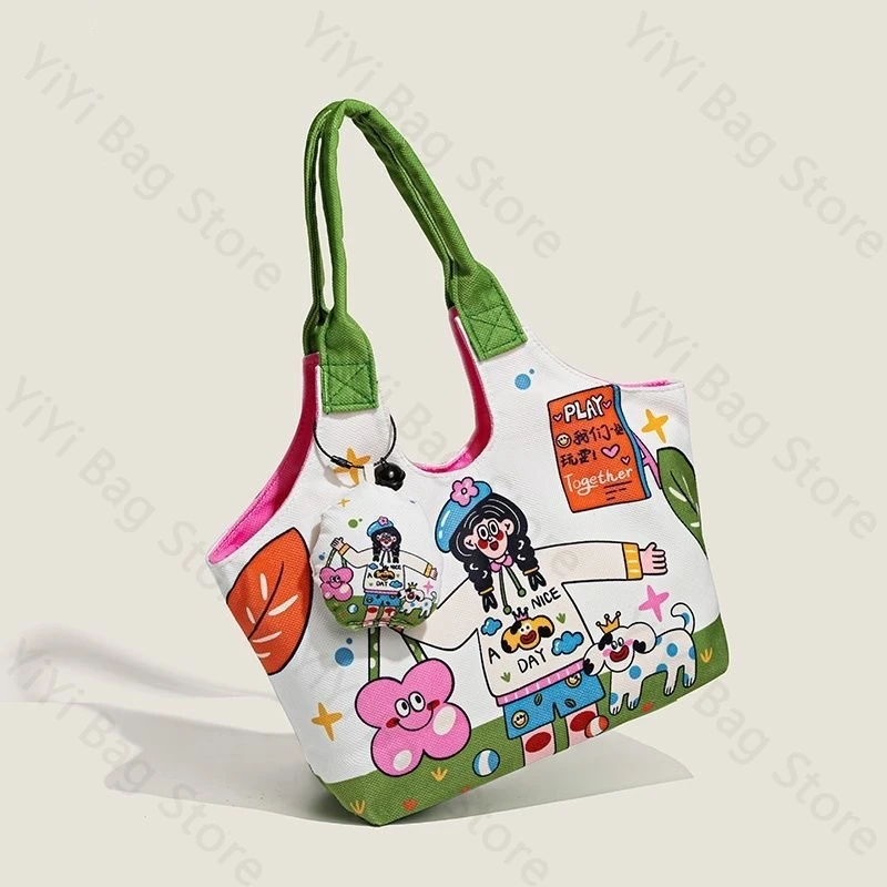 Cartoon Pattern Canvas Tote Bag For Women, Large‑Capacity Casual Shopping Handbag With Removable Doll Pendant Daily Shoulder Bag