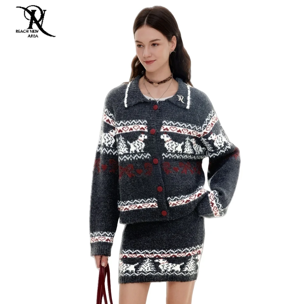 

Women Autumn 2025 New in Matching Sets Woman Knitted Skirt Sets Two Pieces Vintage Cute Dog Jacquard Sweater Short Skirt Set