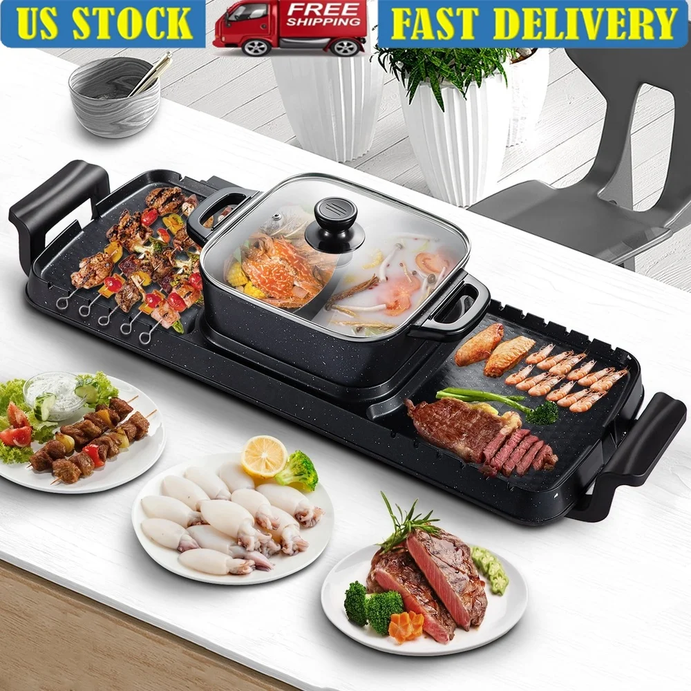 

2 in 1 Electric Hot Pot BBQ Grill Portable Nonstick Dual Temperature Control Cooking Appliance with Detachable Accessories Easy