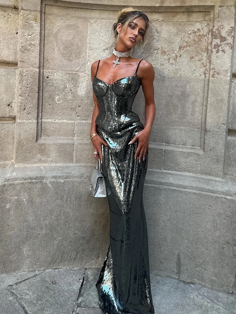 

Серебристый облегающий комплект из двух предметов с тонкими бретелями, блестящее вечернее платье без рукавов для торжественных мероприятий, коктейльное платье для выпускного вечера и клубных вечеринок