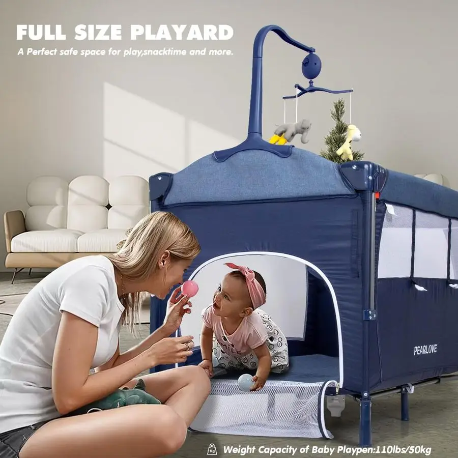 سرير بجانب السرير مع طاولة تغيير الحفاضات المحمولة، عبوة 5 في 1 وسرير أطفال للتشغيل لحديثي الولادة، ومرتبة اللعب، وصندوق الموسيقى، وحمل B