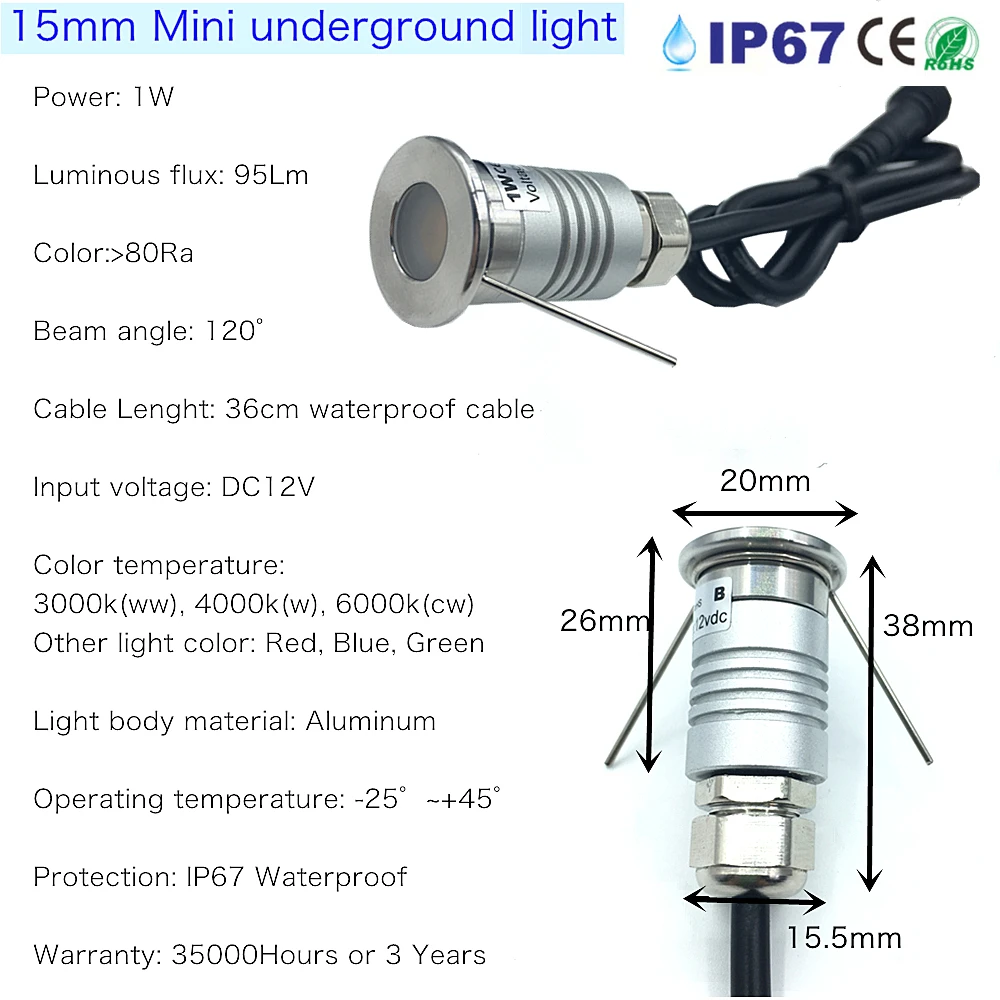 Mini LED 12V 1W Deck Light 15MM Recessed Outdoor Led Spot IP67 Waterproof Step Lamp Garden Path Star Decor Underground Spotlight