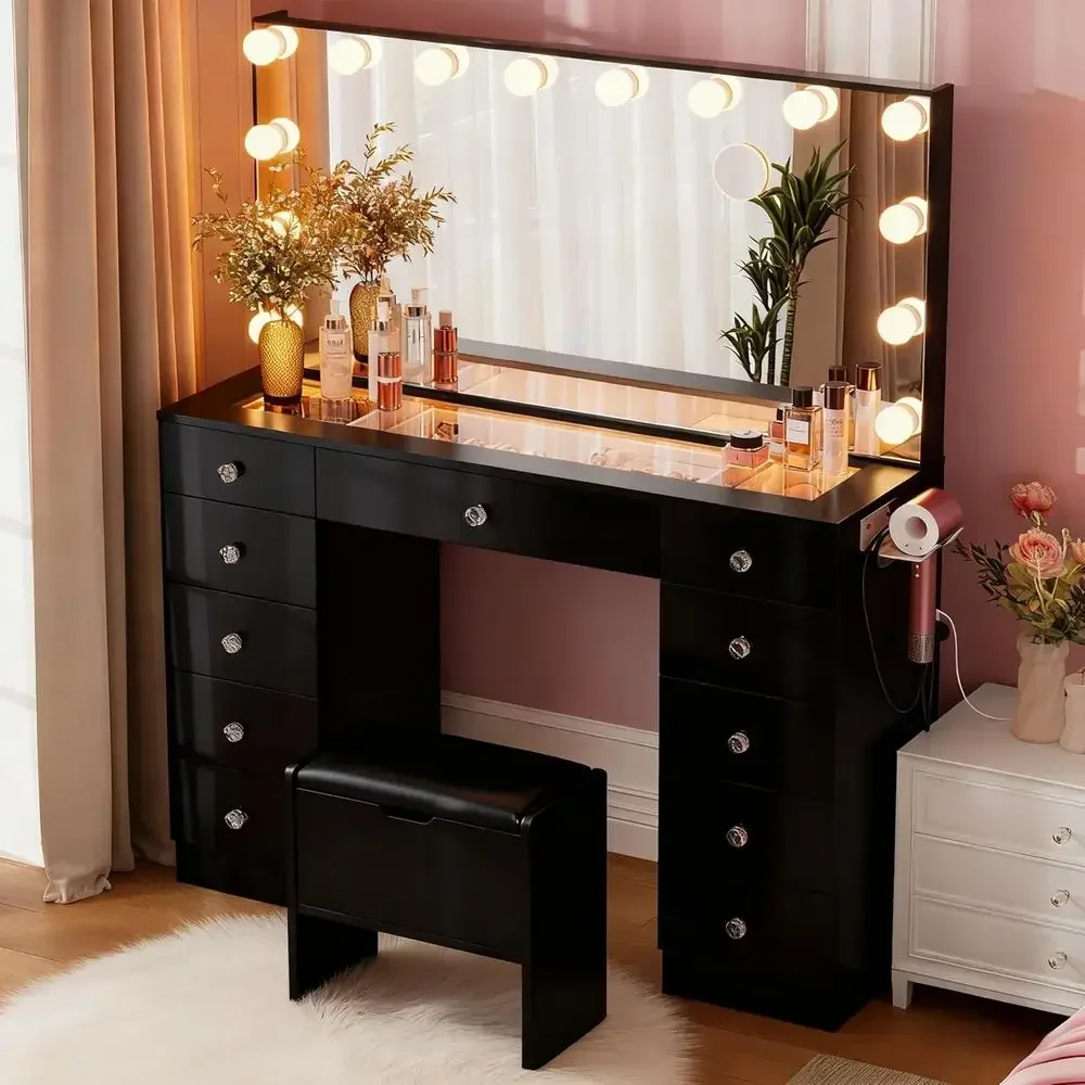46 LED Lighted Vanity Desk with Mirror, 3-Color Lighting, Adjustable Brightness, Glass Top Makeup Table, Soft Cushioned Stool, B