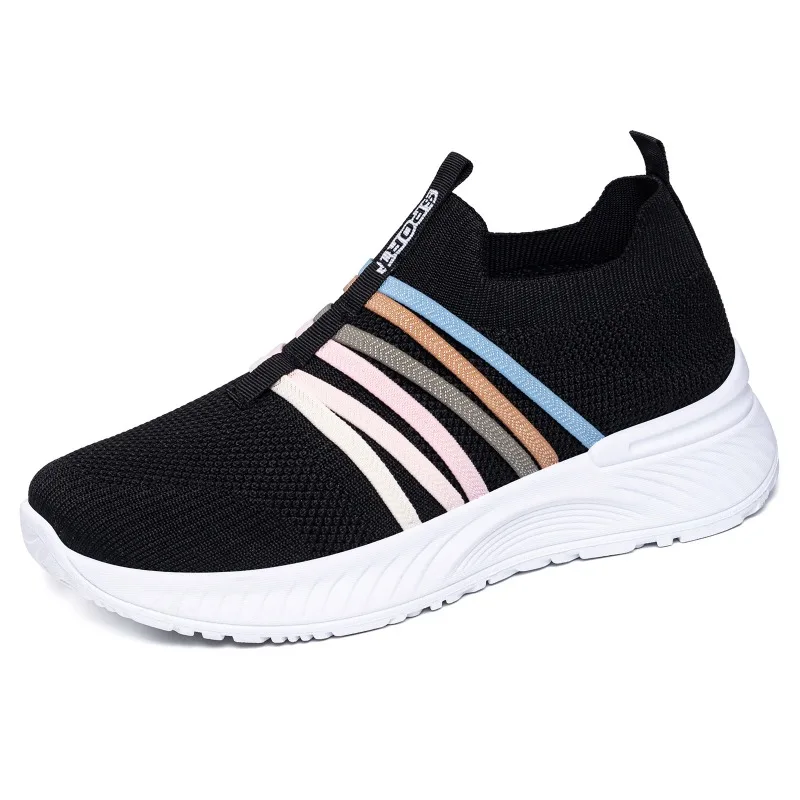 

Women's Mesh Knit Sports Shoes Multicolor Stripe Non-slip Casual Running Shoes Comfortable Platform Wedge Shoes for Outdoor