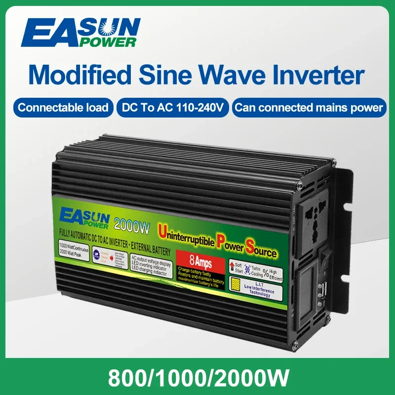 Easun Power 800W 1000W 2000W UPS Inverter Modified Sine Wave DC 12V AC 220V Three-Phase Charging Car Inverter With Smart Fan