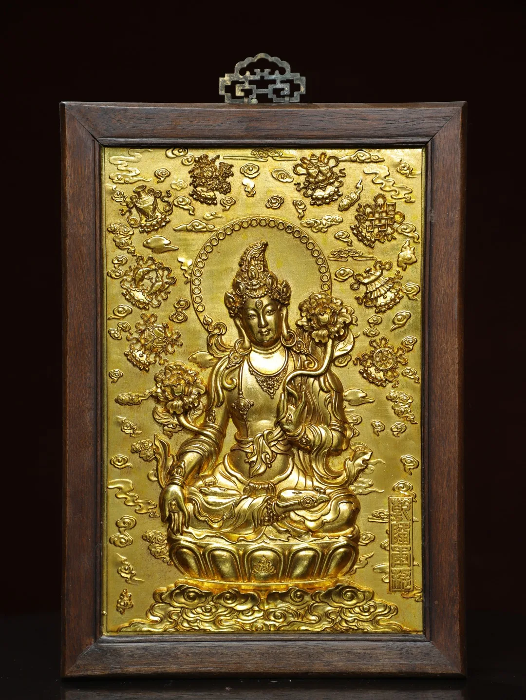 

16"Tibetan Temple Collection Old Rosewood Painted Gilded Cinnabar White Tara Sitting Buddha Thangka Wall hanging Worship Hall