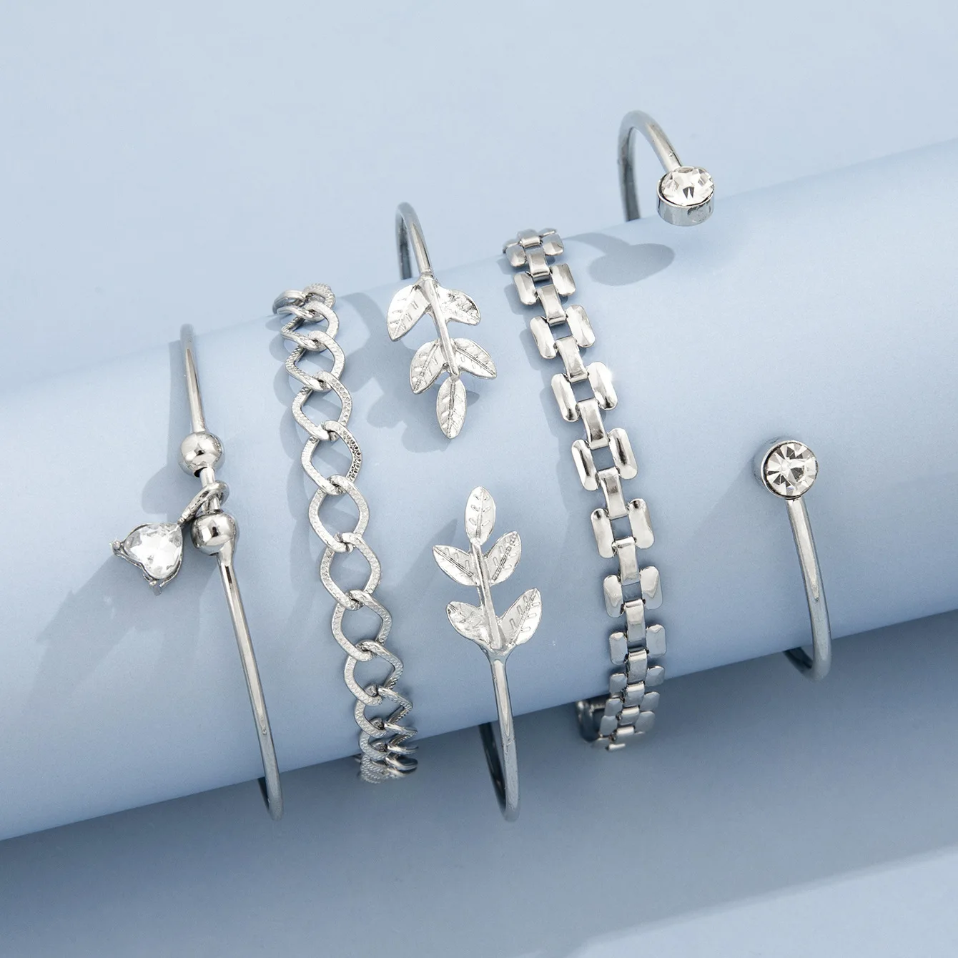 Bohemian Silver Color Geometric Link Chain Bracelet Set For Women Crystal Leaf Open Cuff Bangle Female Boho Jewelry Accessory image 3