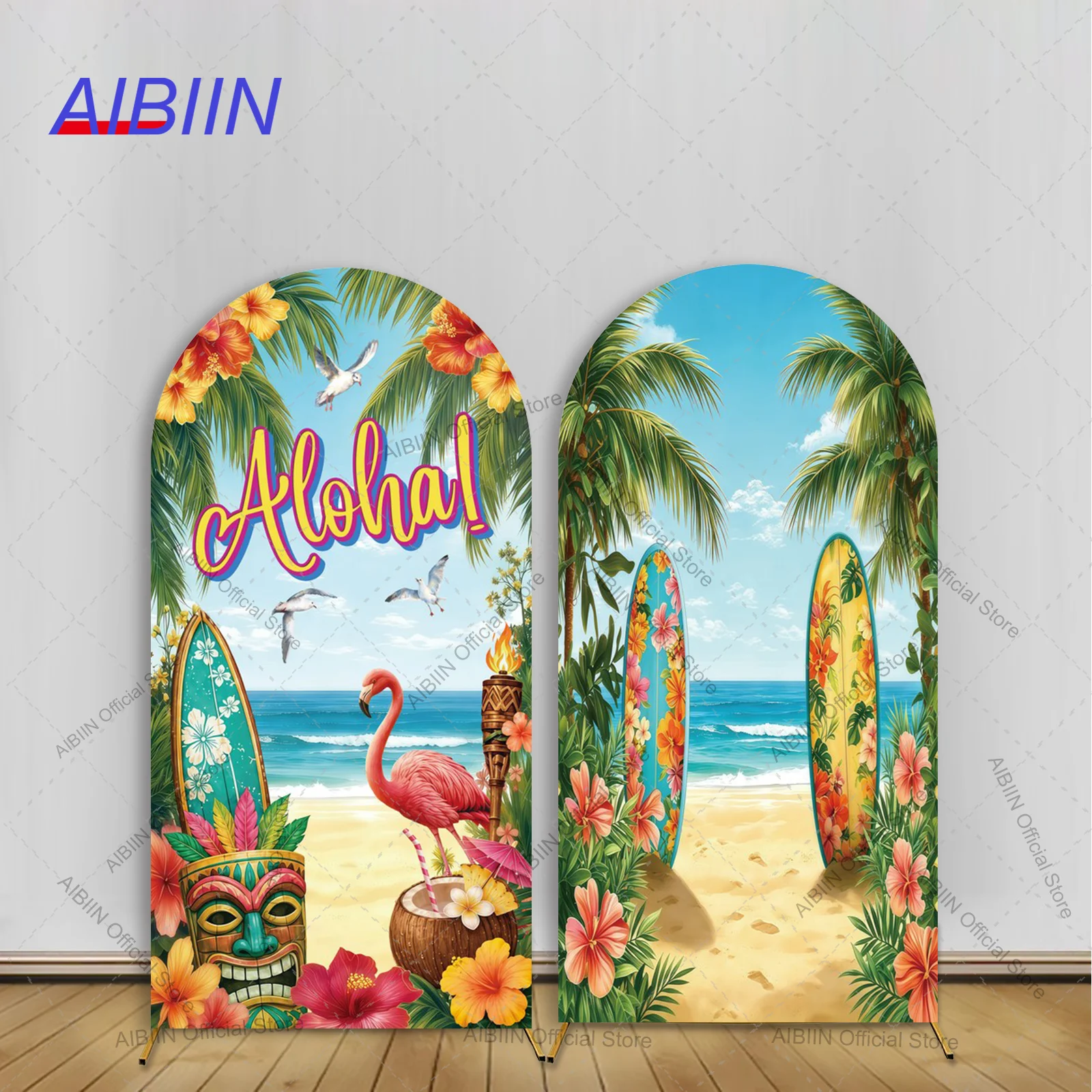 Накладка на арку в гавайском стиле Aloha: фламинго, тики, доска для серфинга, цветы, пальмы, чайки. Летний декор для вечеринки, детского праздника, торта.