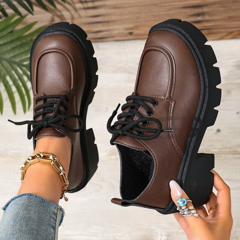 Women's Platform Shoes Round Toe Block Heel Lace-Up Smooth Upper Chunky Outsole Casual Active Walking Outdoor Commute Footwear
