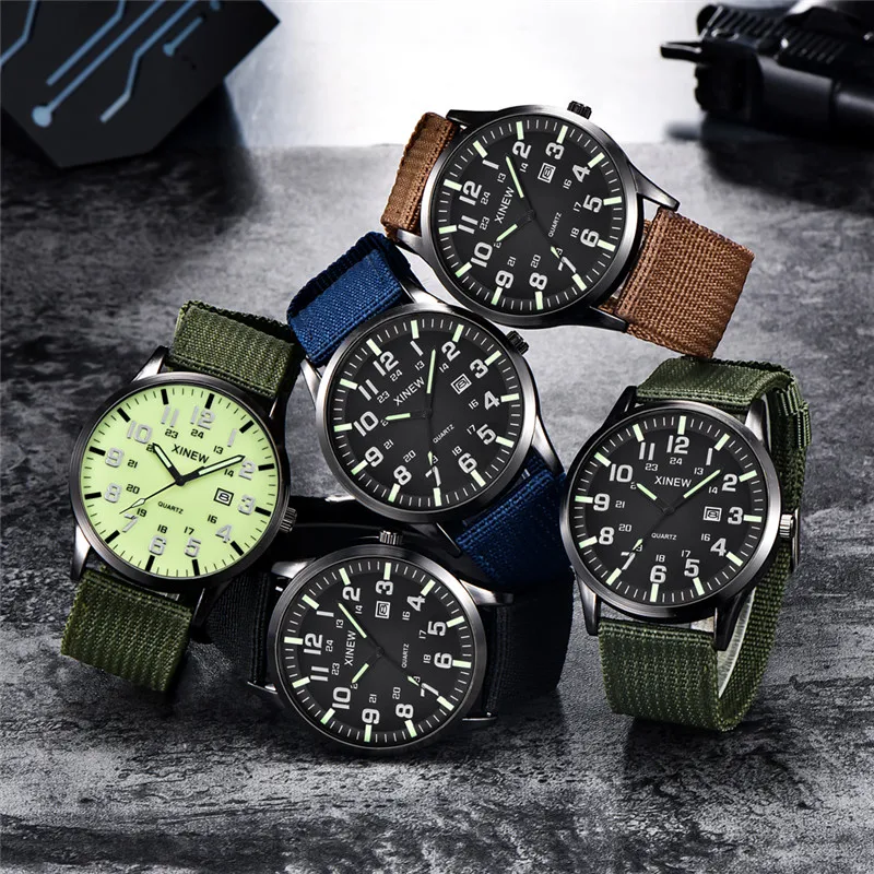 Men XINEW Brand Watches Students Kids Fashion Casual Nylon Band Simple Military Sports Date Quartz Watch Green Montre Homme 2024