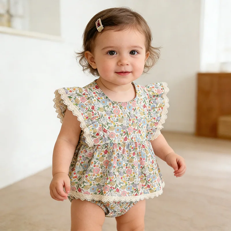 Girls Onesie 2026 Spring and Summer New Childrens Clothing Korean Style Girls Baby Sweet Small Fly Sleeve Floral Onesie