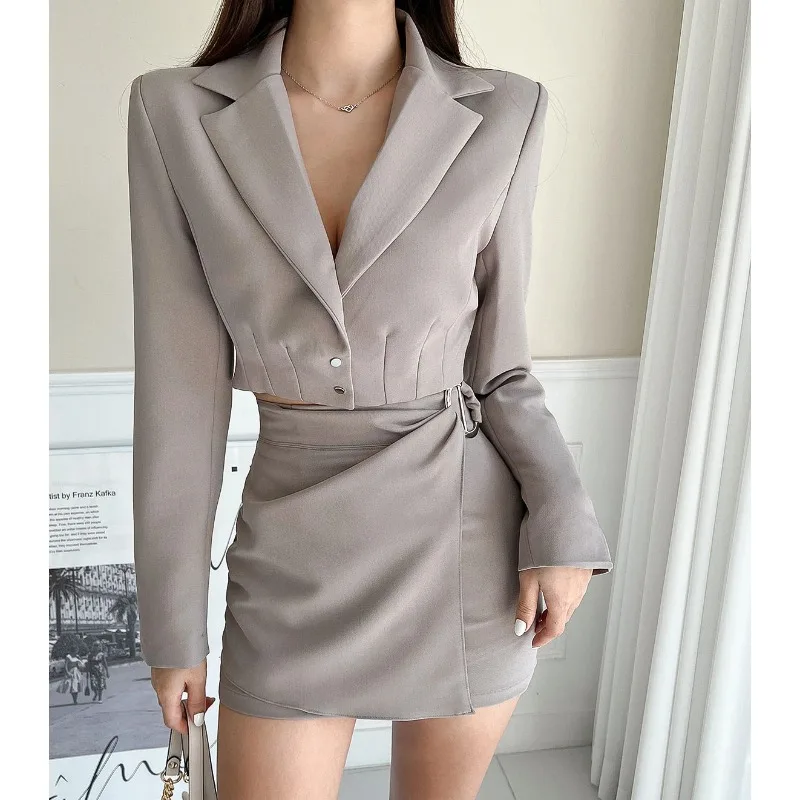 Insozkdg Korean Style Skirt Suits Women's Spring Autumn New Elegant Short Suit Jacket + Irregular Hip Skirt Lady Two-piece Set