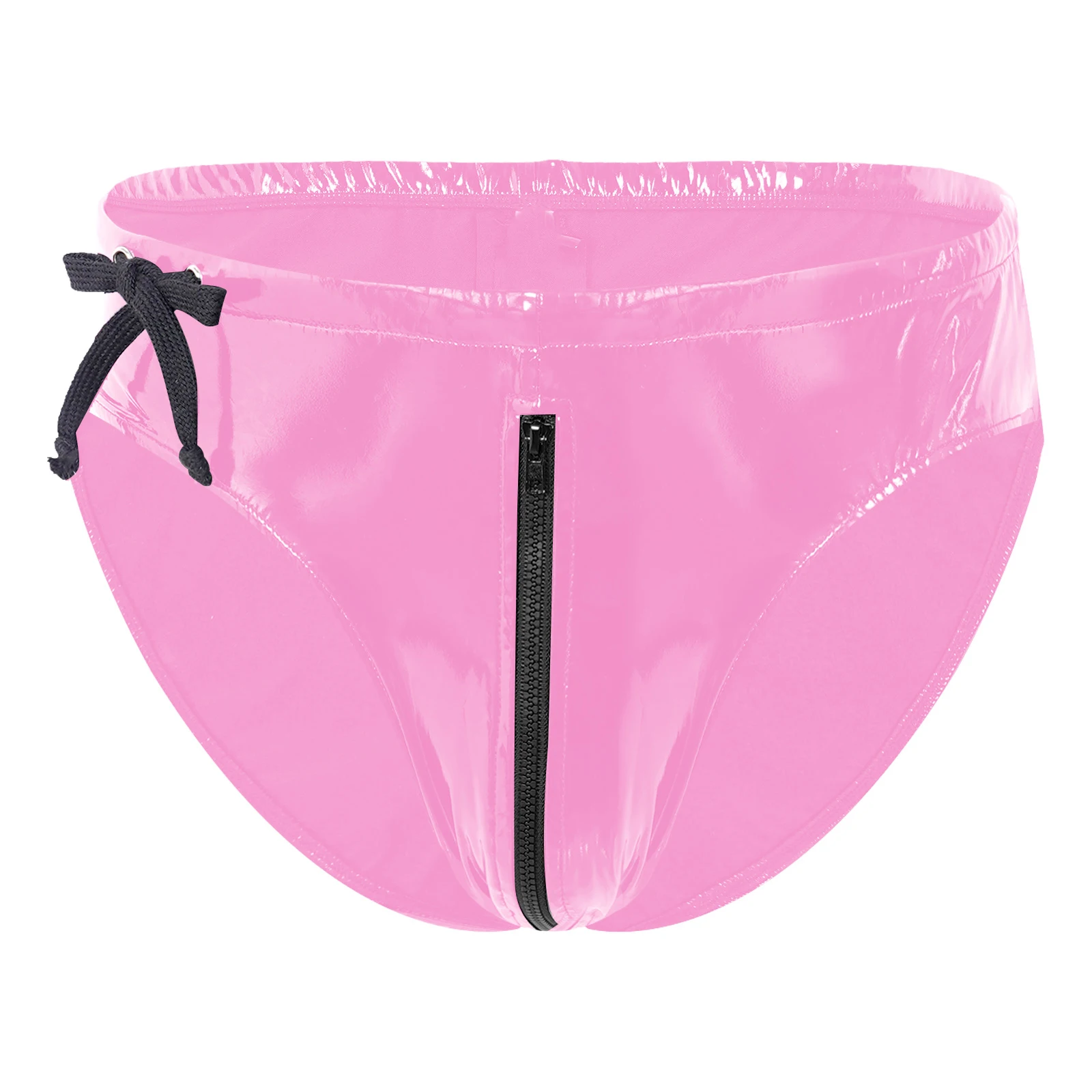 Mens Zipper Briefs Wet Look Night Party Clubwear Patent Leather Underpants Underwear Drawstring Low Waist Pole Dance Rave Outfit