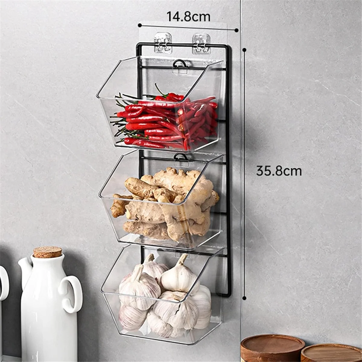 3 Compartments Wall Mounted Ginger Garlic Container Countertop Onion and Potato Storage Box with Metal Rack,Length 40cm