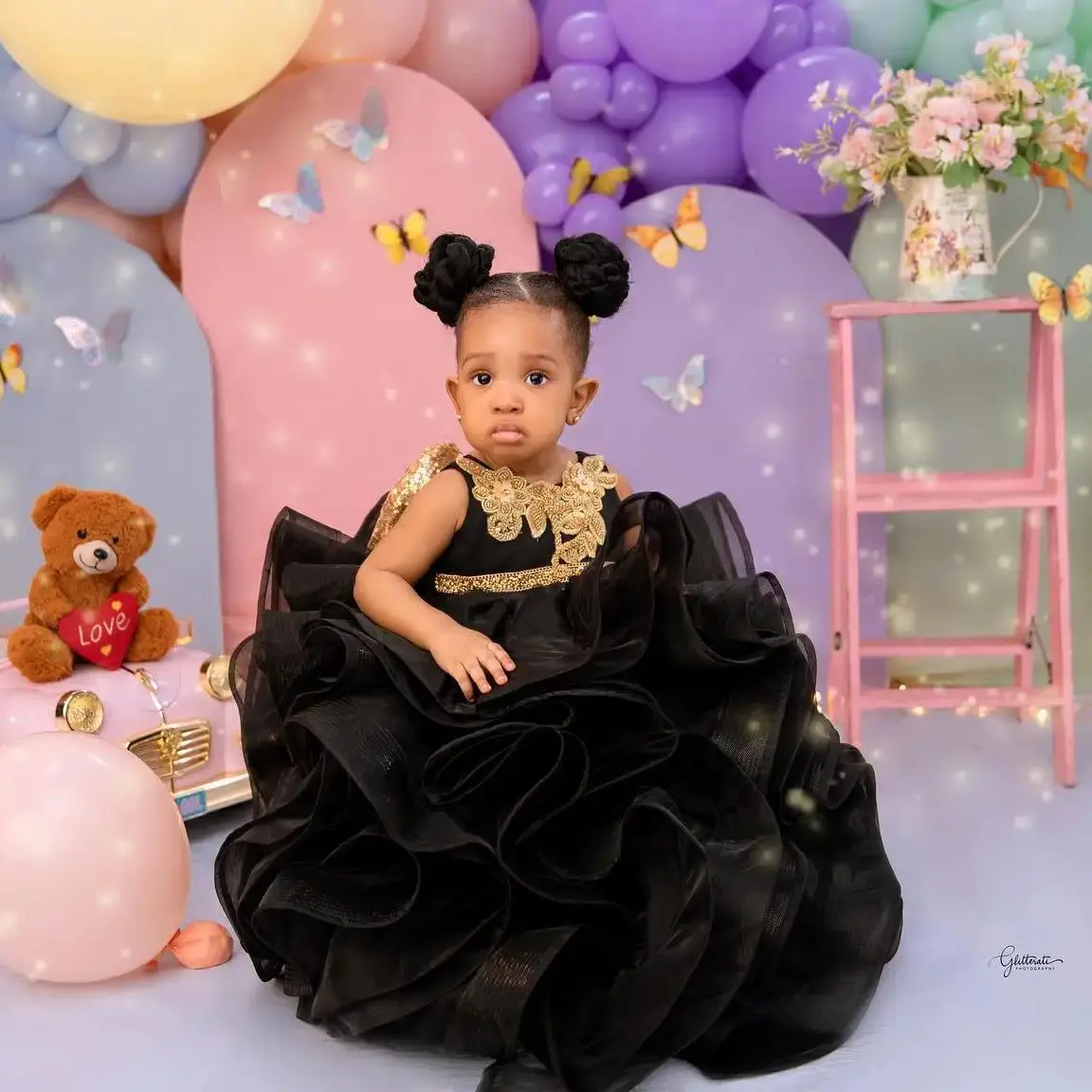 Black Girls Birthday Party Dresses Customized Gold Beading Sequins Flower Girl Dresses Kids Little Baby Ball Gowns for Wedding