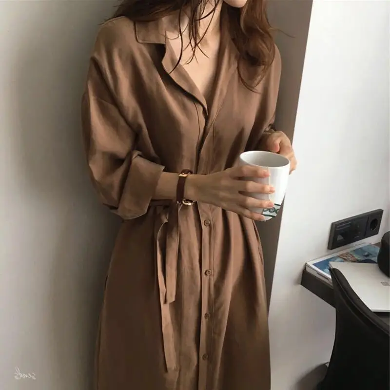 Shirt Dress For Women Harajuku Aesthetic Vintage Clothes Woman Korean Fashion Maxi Robe  Casual Dresses Long Brownblack