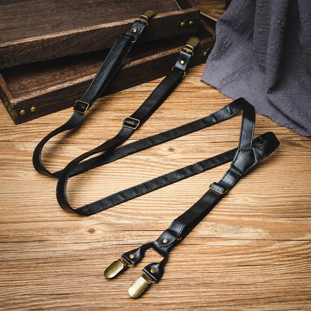 Fashion Black Suspenders for Men Retro Brown Leather Suspenders Spaghetti Strap Suit Accessories Suspender Clip Gift