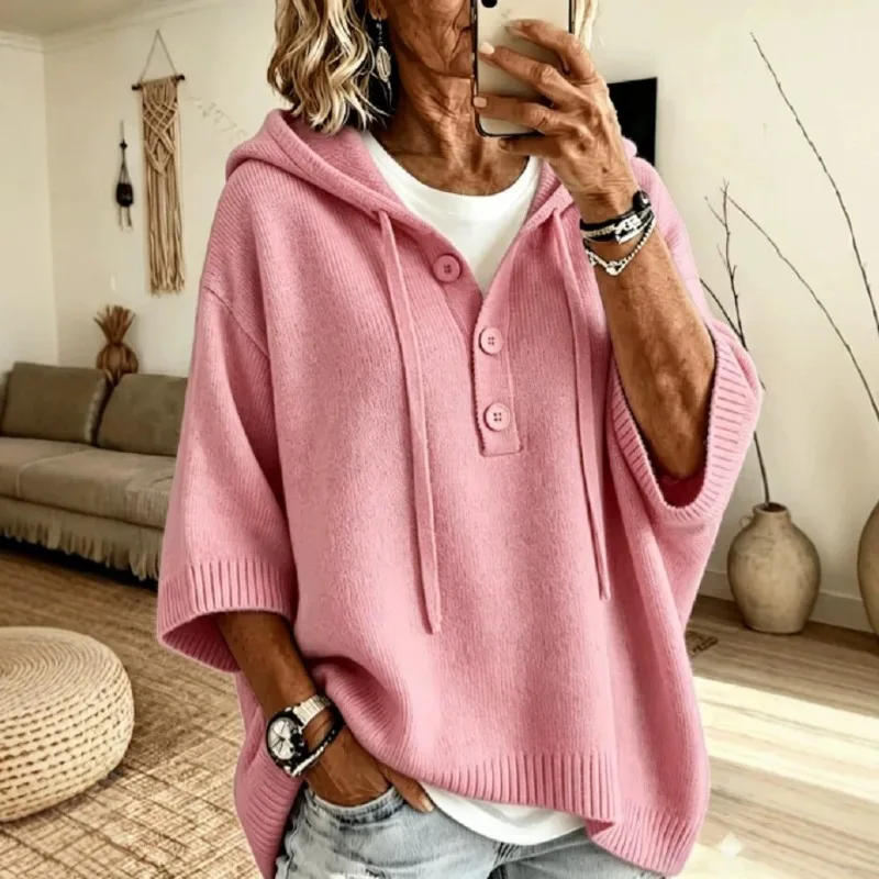 Women Autumn Loose Comfortable Hooded Drawstring Three-quarter Sleeve Knitted Sweater Fashionable Versatile Elegant Stylish Top.